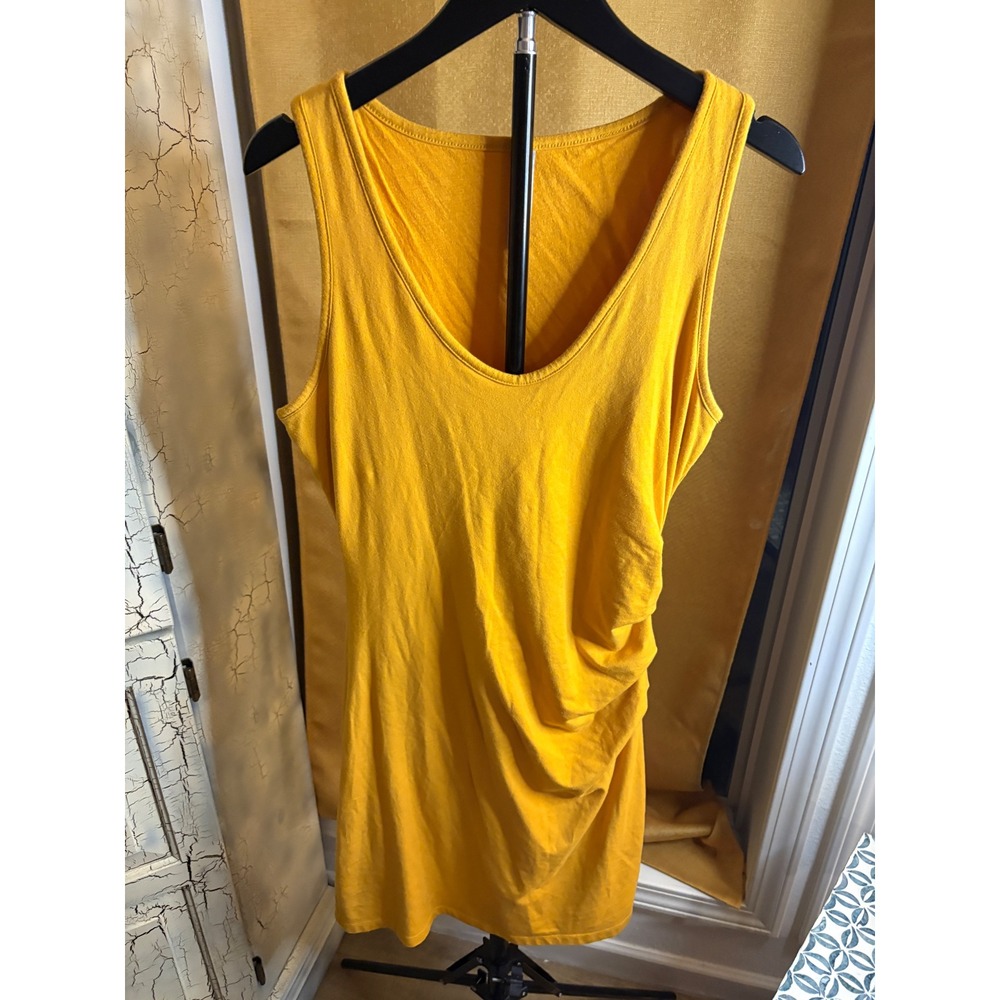 Athleta Mustard Yellow Ruched Side Sleeveless Midi Dress Med Cotton Blend Preppy - Picture 4 of 7